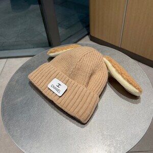 Chanel Bunny Ear Ribbed Knit Beanie in Camel